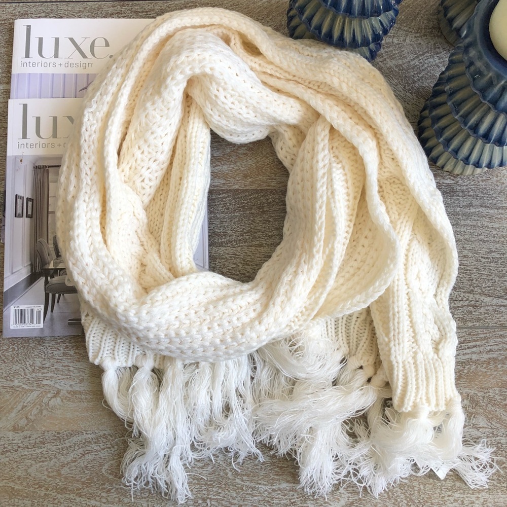 Treasure & Bond Fringe Cable Knit Scarf In Cream - Picture 1 of 4